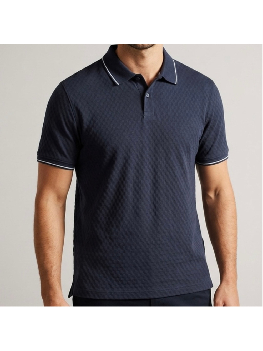 Ted Baker London Mens XL Navy Blue Textured Diamond Knit Tipped Polo Shirt